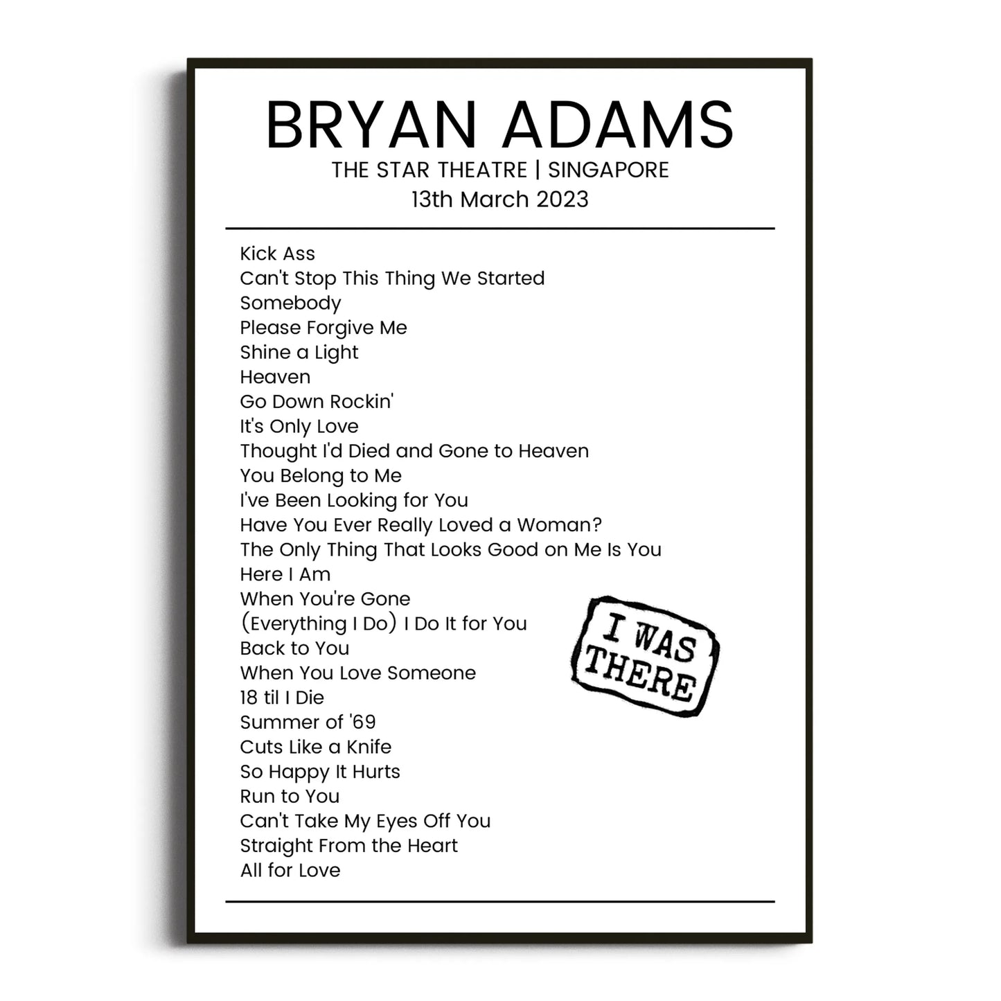 Bryan Adams Singapore 13 March 2023 Setlist Poster