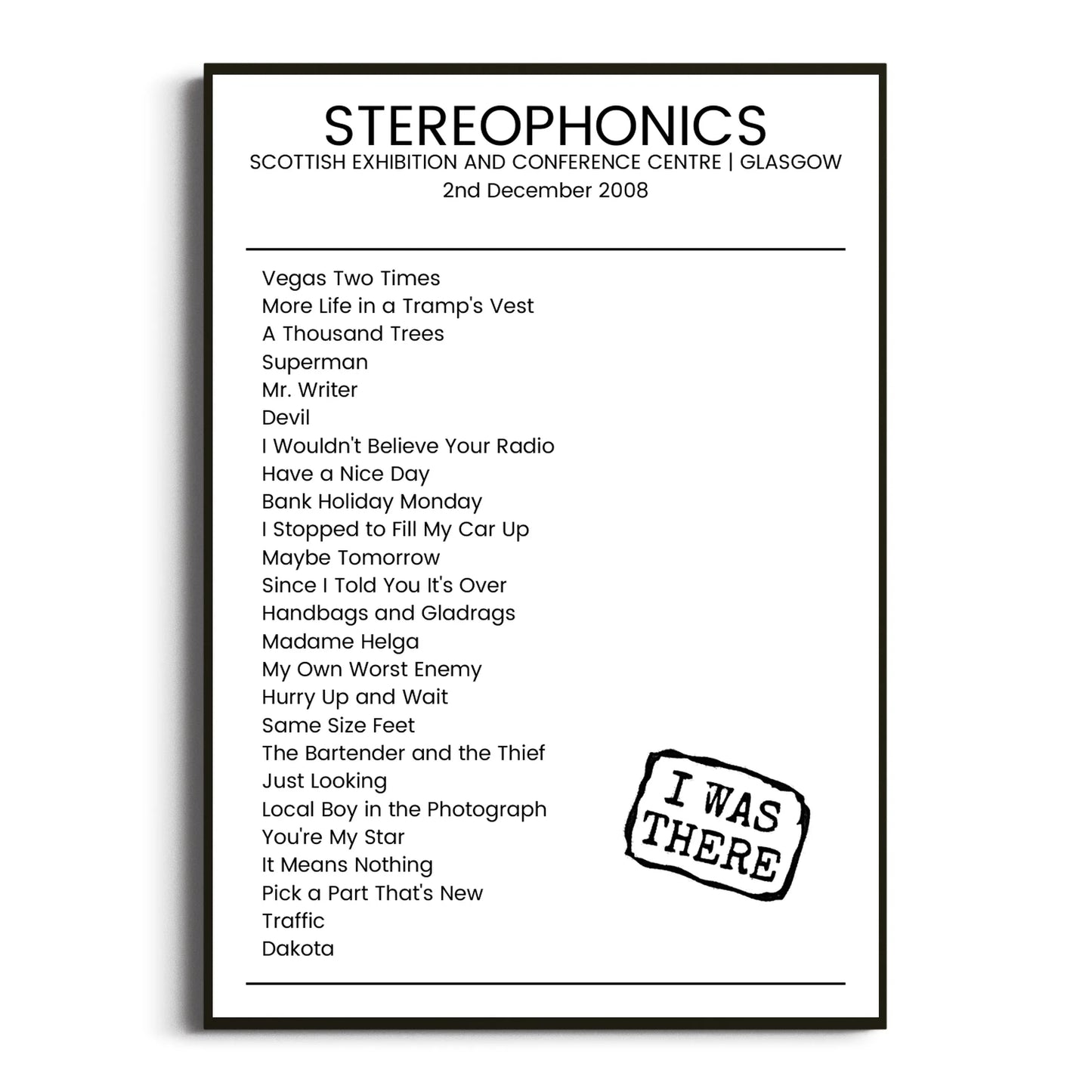 Stereophonics Glasgow 02 December 2008 Setlist Poster