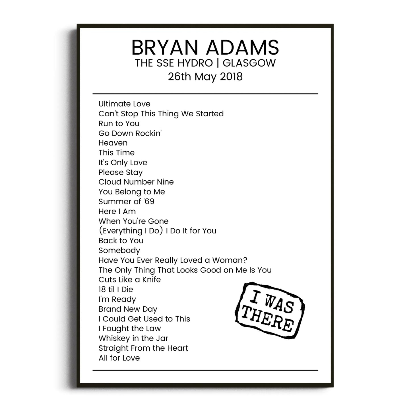 Bryan Adams Glasgow 26 May 2018 Setlist Poster