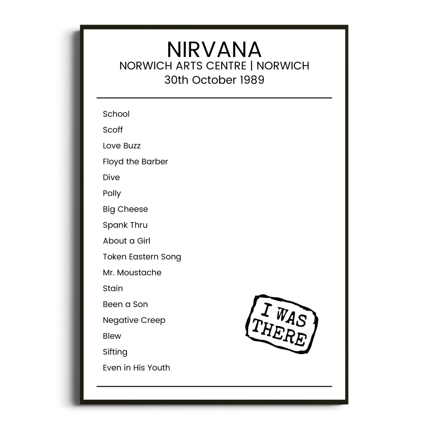 Nirvana Norwich 30 October 1989 Setlist Poster