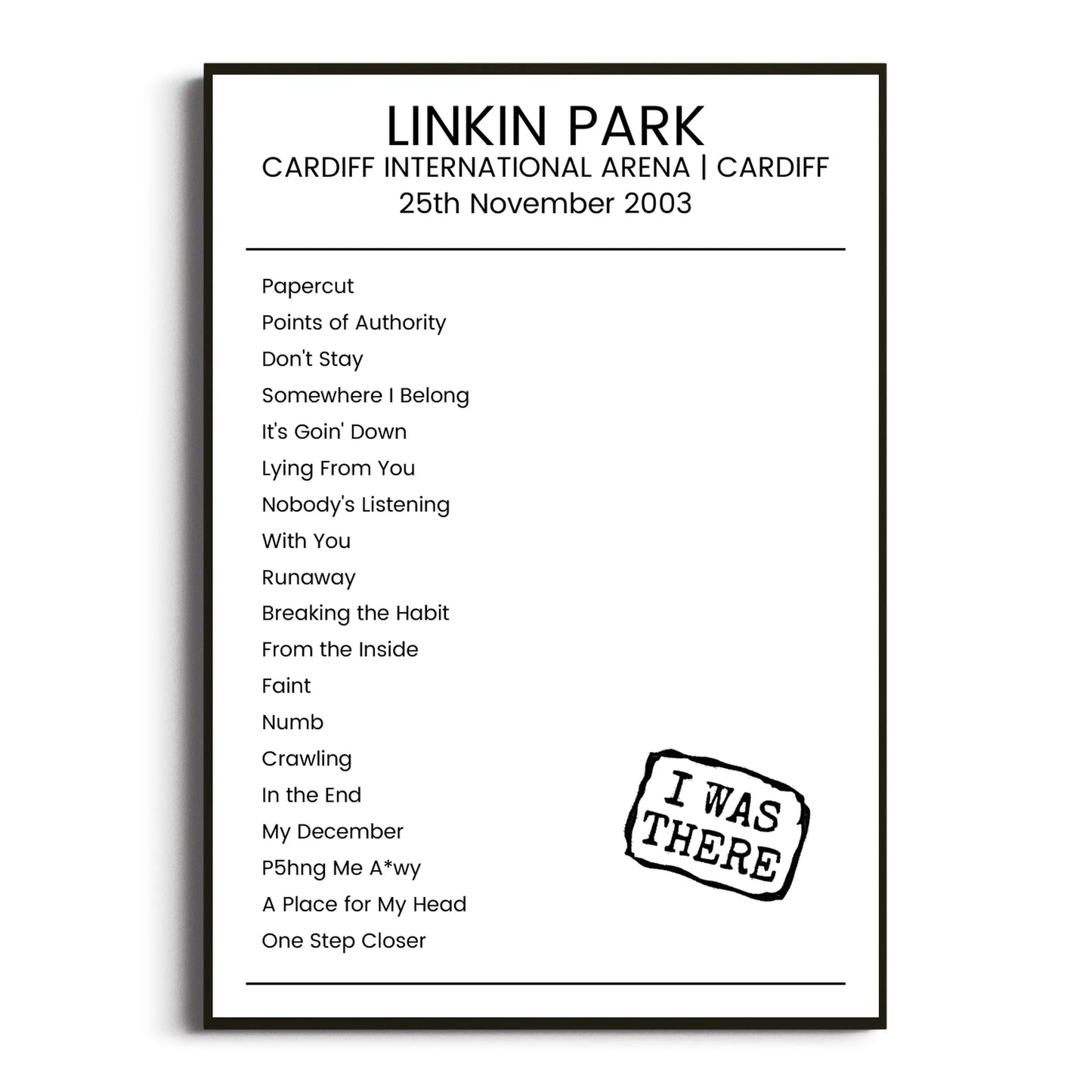 Linkin Park Cardiff 25 November 2003 Setlist Poster