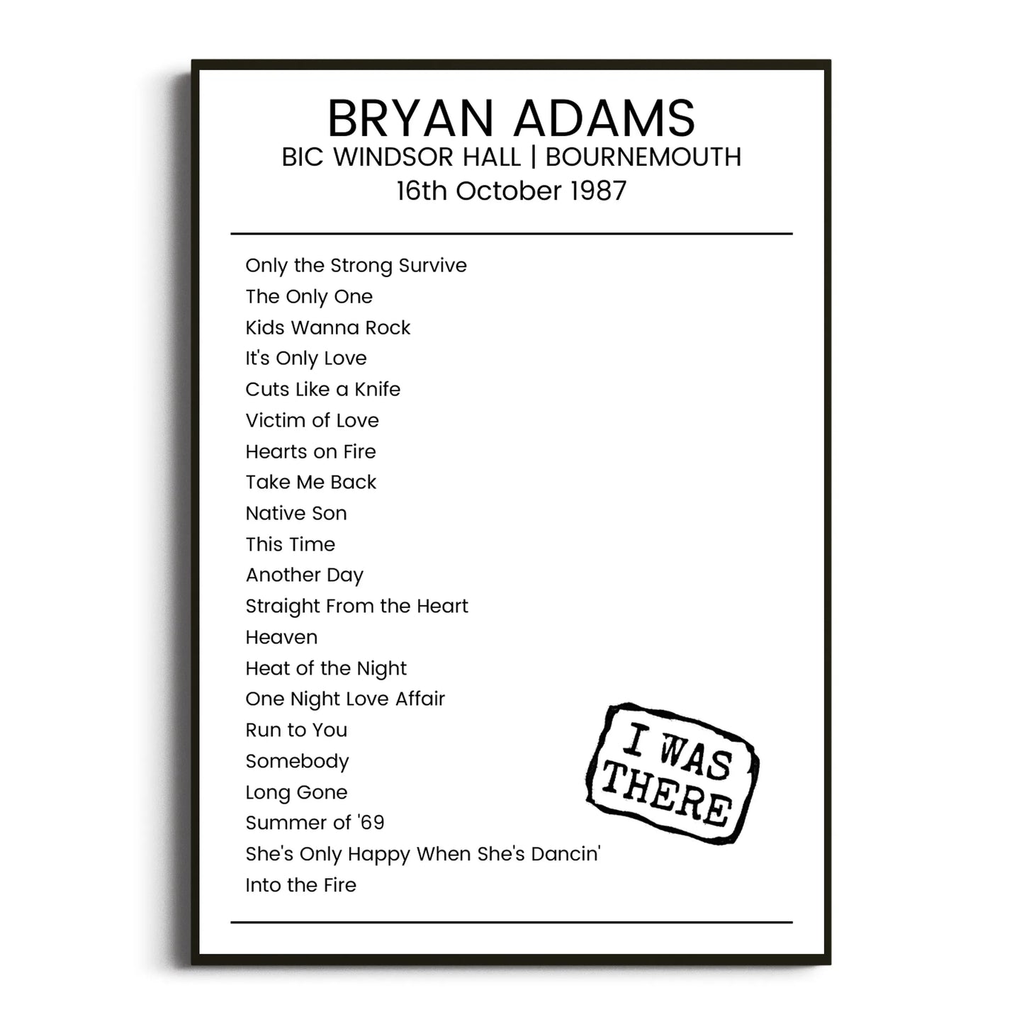 Bryan Adams Bournemouth 16 October 1987 Setlist Poster