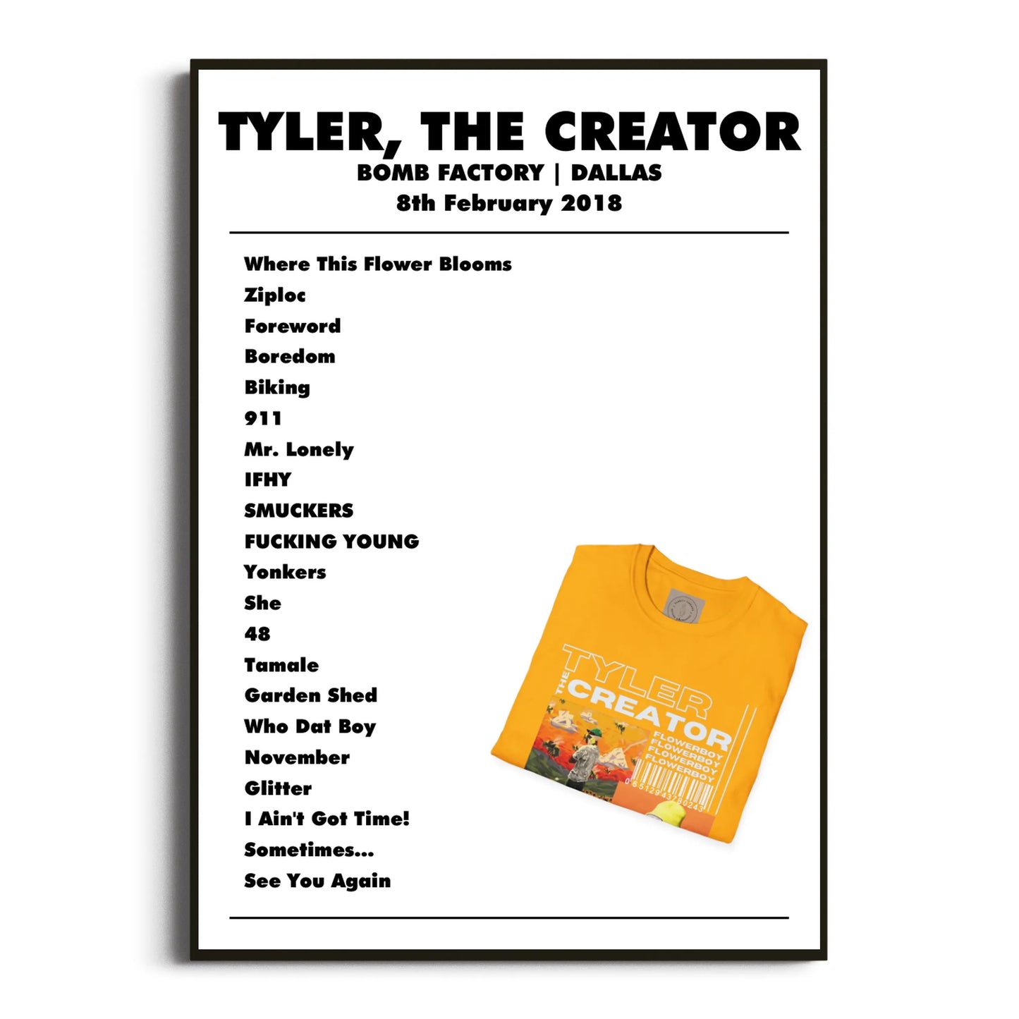 Tyler, The Creator Dallas 08 February 2018 Setlist Poster