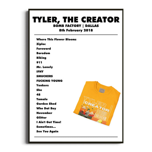 Tyler, The Creator Dallas 08 February 2018 Setlist Poster