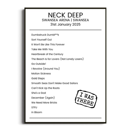 Neck Deep Swansea 31 January 2025 Setlist Poster