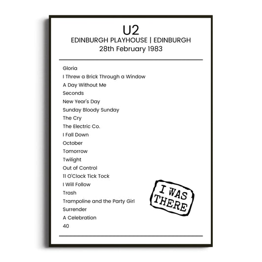 U2 Edinburgh 28 February 1983 Setlist Poster