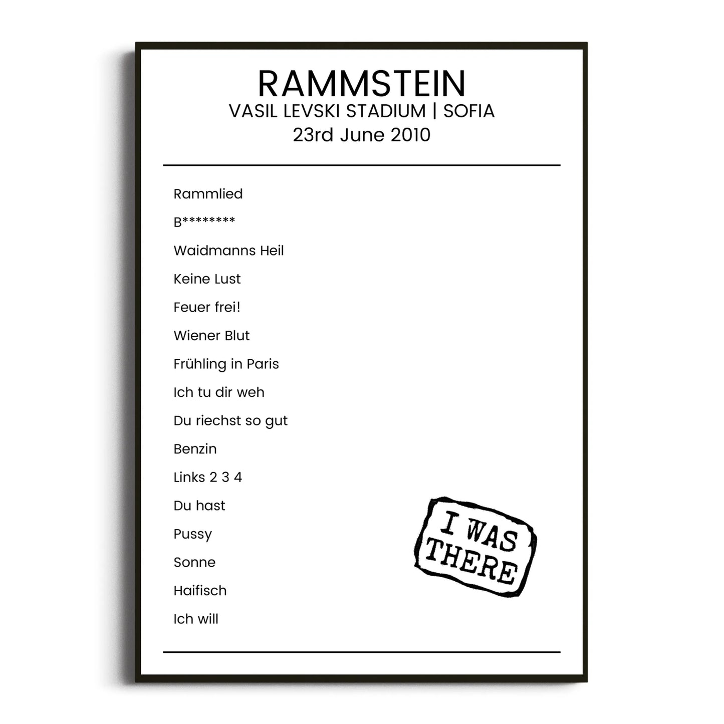 Rammstein Sofia 23 June 2010 Setlist Poster