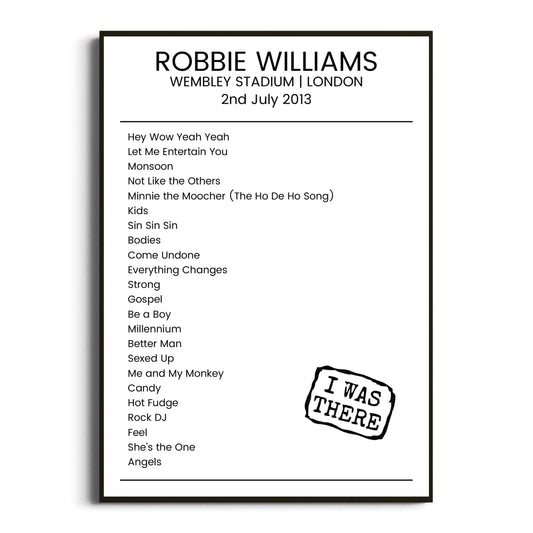 Robbie Williams London 02 July 2013 Setlist Poster