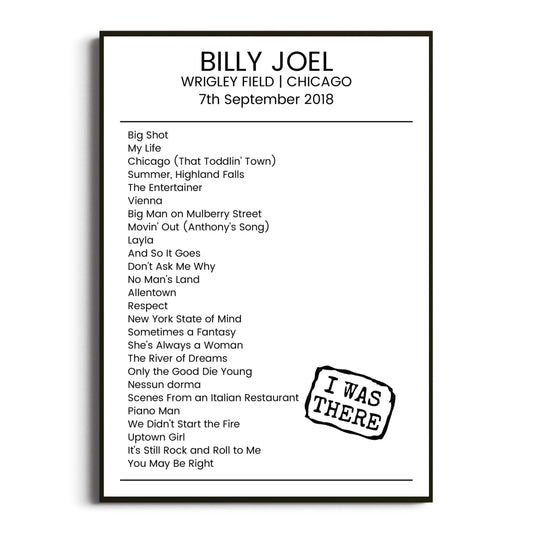 Billy Joel Chicago 07 September 2018 Setlist Poster