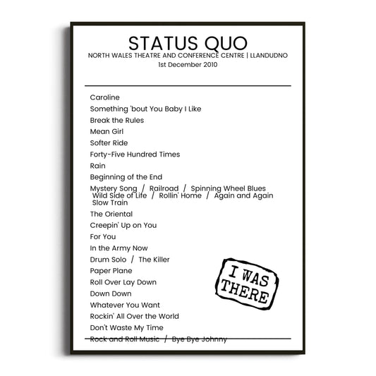 Status Quo Llandudno 01 December 2010 Setlist Poster