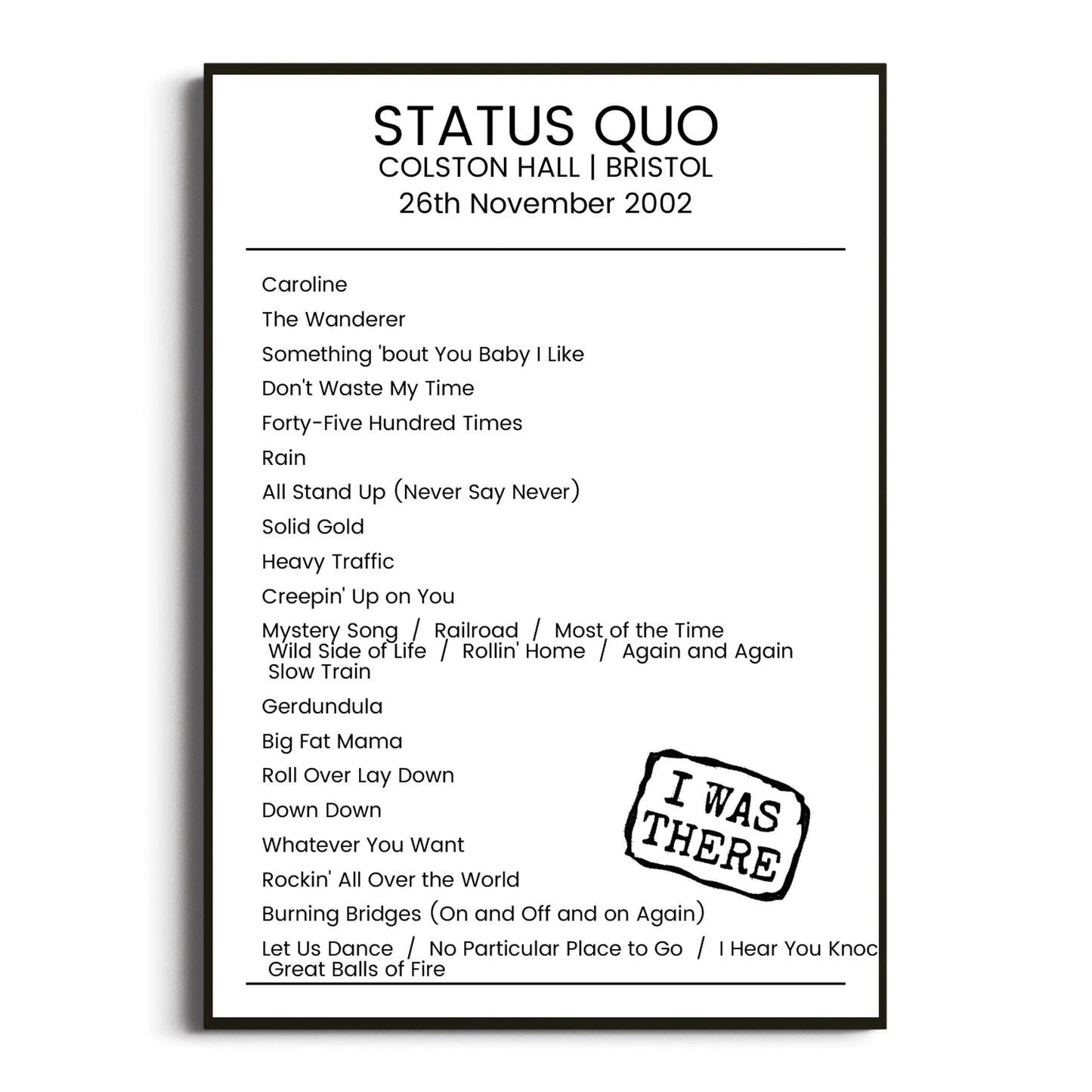 Status Quo Bristol 26 November 2002 Setlist Poster