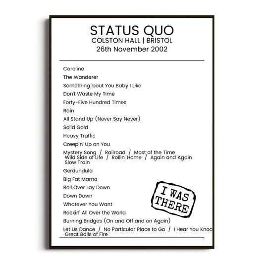 Status Quo Bristol 26 November 2002 Setlist Poster