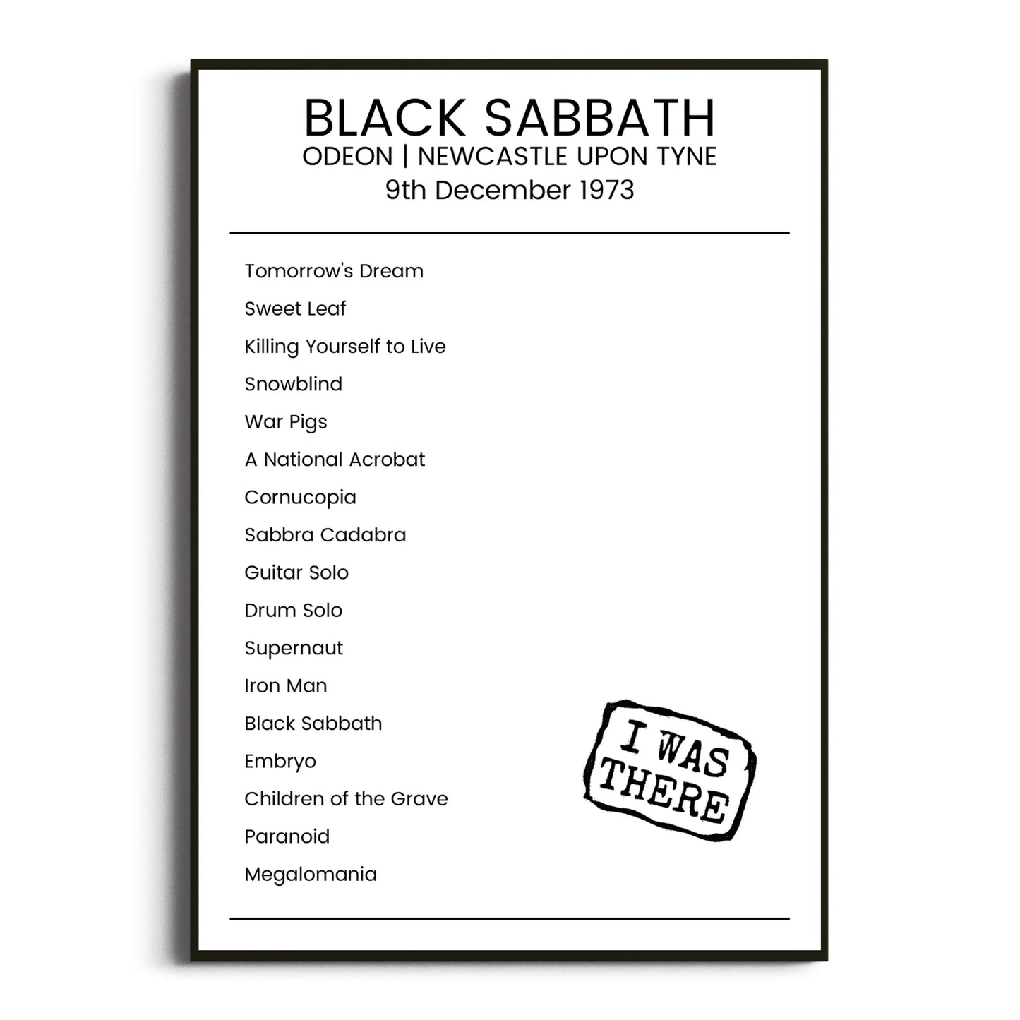 Black Sabbath Newcastle upon Tyne 09 December 1973 Setlist Poster