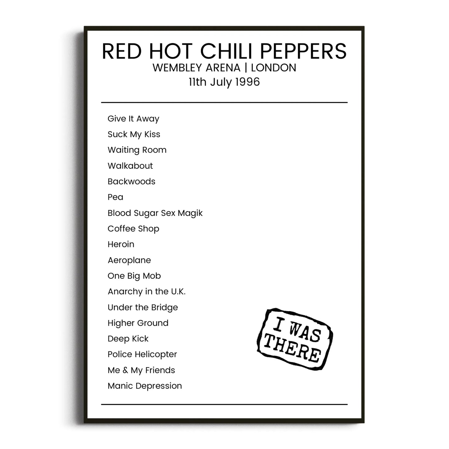 Red Hot Chili Peppers London 11 July 1996 Setlist Poster