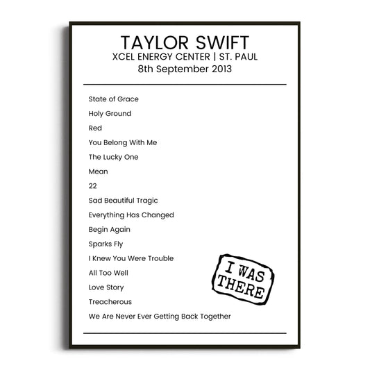 Taylor Swift St. Paul 08 September 2013 Setlist Poster