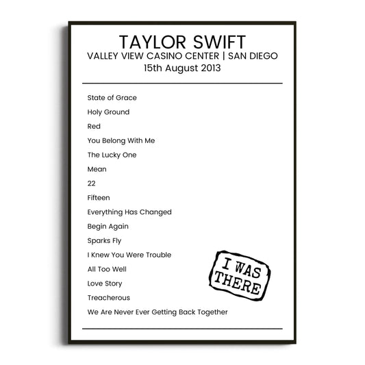 Taylor Swift San Diego 15 August 2013 Setlist Poster