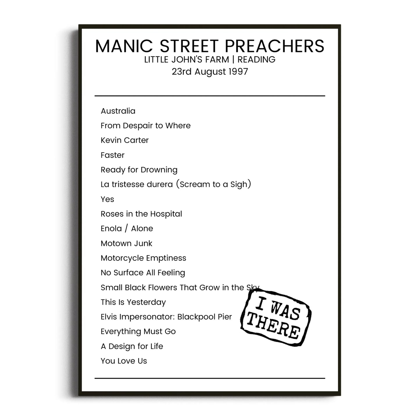 Manic Street Preachers Reading 23 August 1997 Setlist Poster