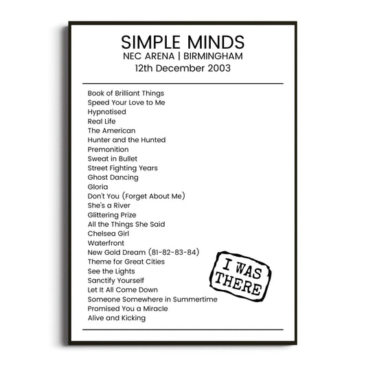 Simple Minds Birmingham 12 December 2003 Setlist Poster