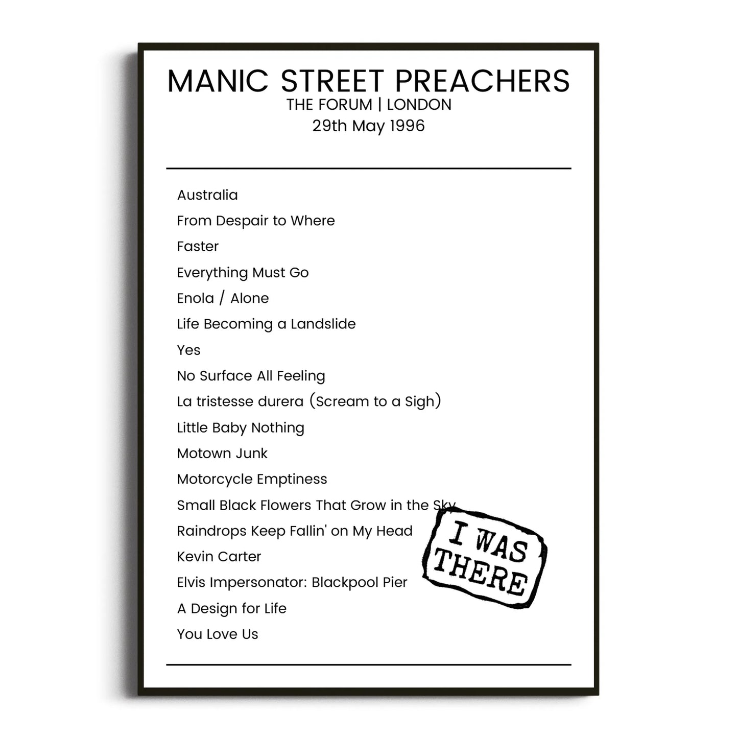 Manic Street Preachers London 29 May 1996 Setlist Poster