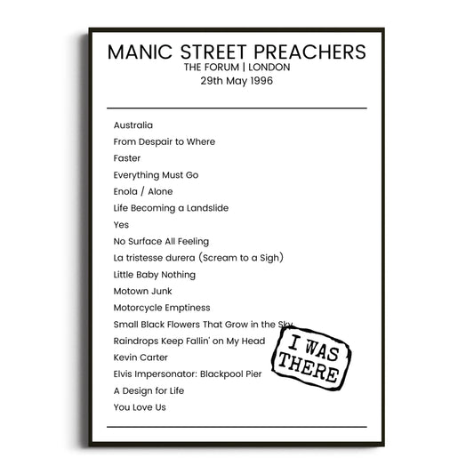 Manic Street Preachers London 29 May 1996 Setlist Poster