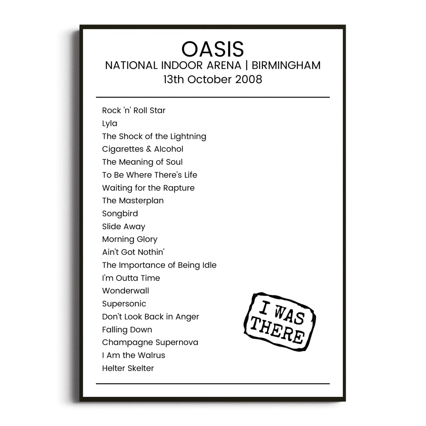 Oasis Birmingham 13 October 2008 Setlist Poster