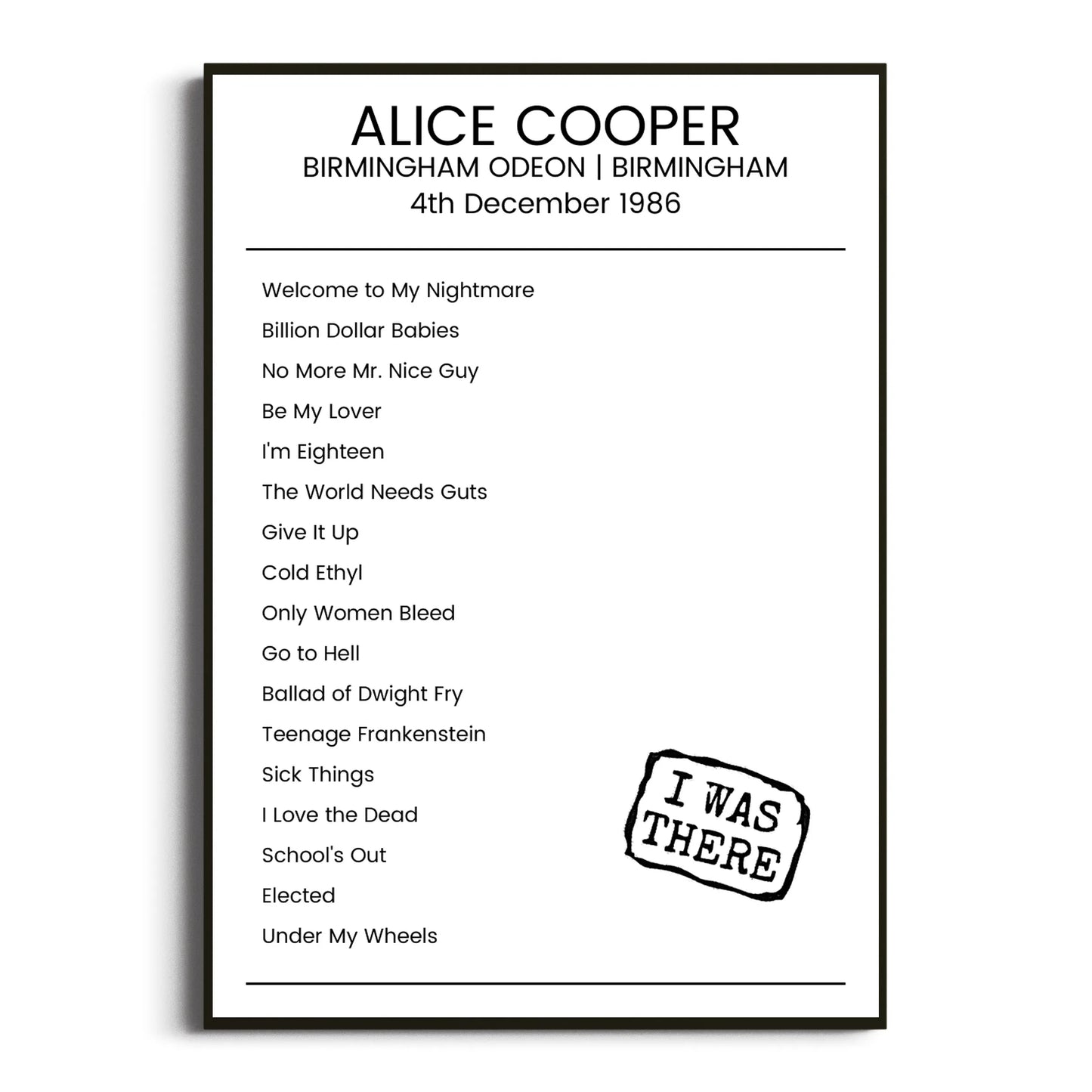 Alice Cooper Birmingham 04 December 1986 Setlist Poster