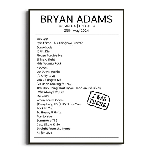 Bryan Adams Fribourg 25 May 2024 Setlist Poster