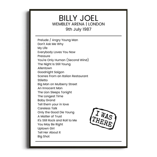 Billy Joel London 09 July 1987 Setlist Poster