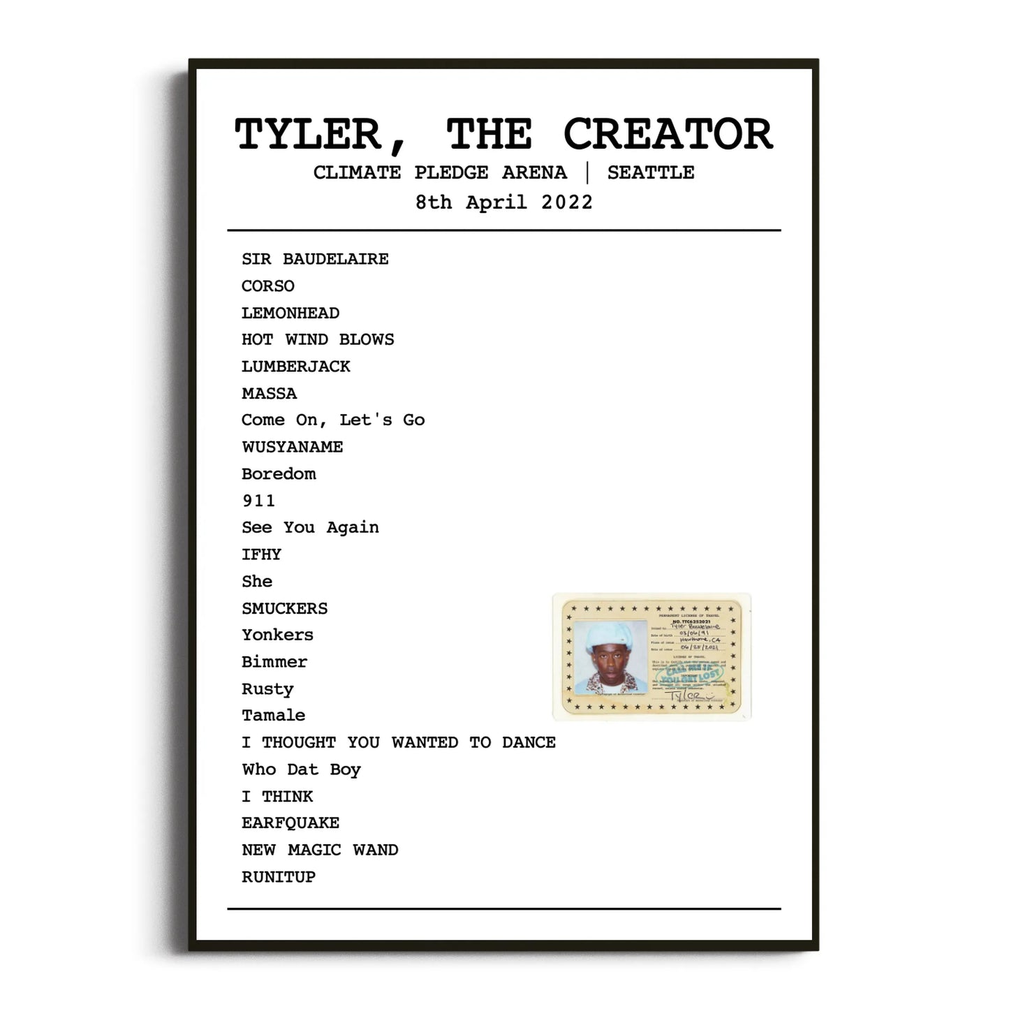 Tyler, The Creator Seattle 08 April 2022 Setlist Poster