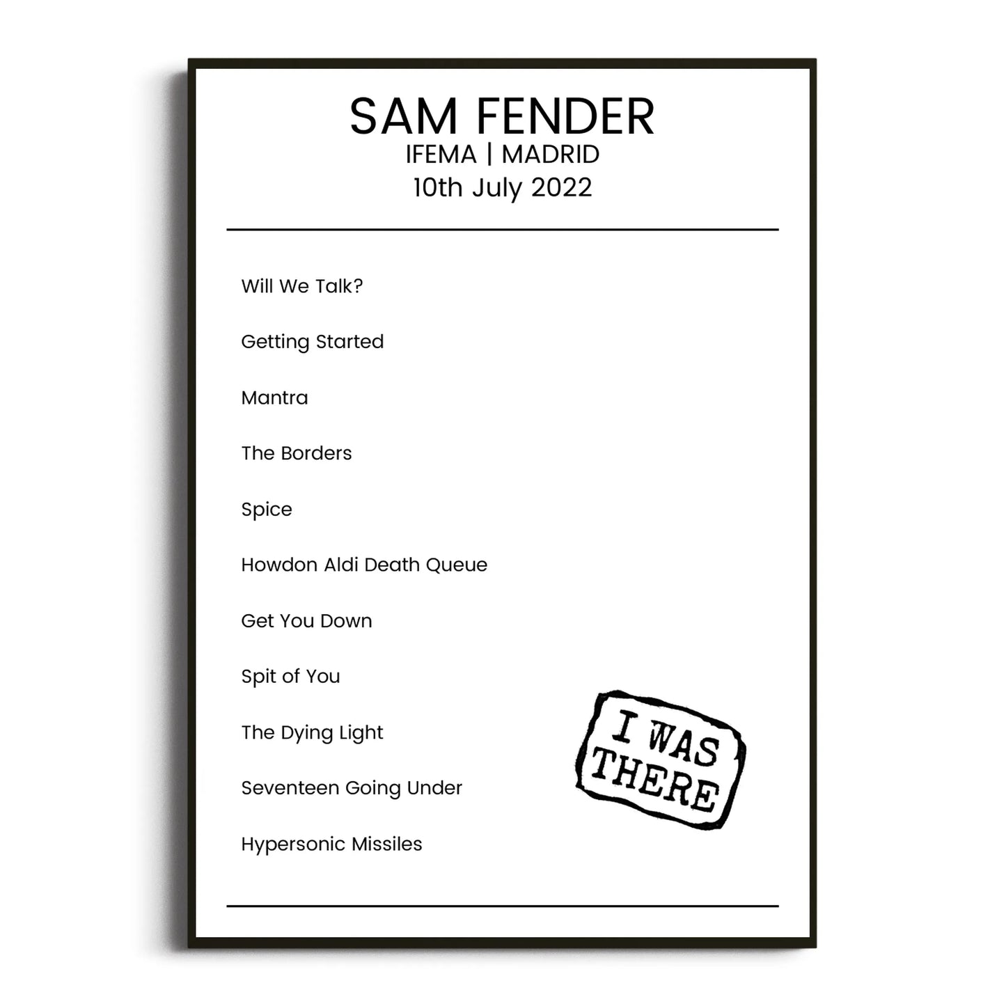 Sam Fender Madrid 10 July 2022 Setlist Poster