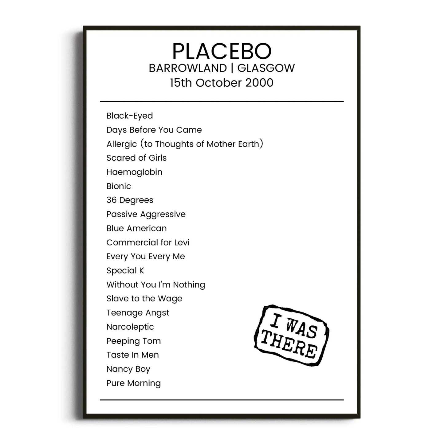 Placebo Glasgow 15 October 2000 Setlist Poster