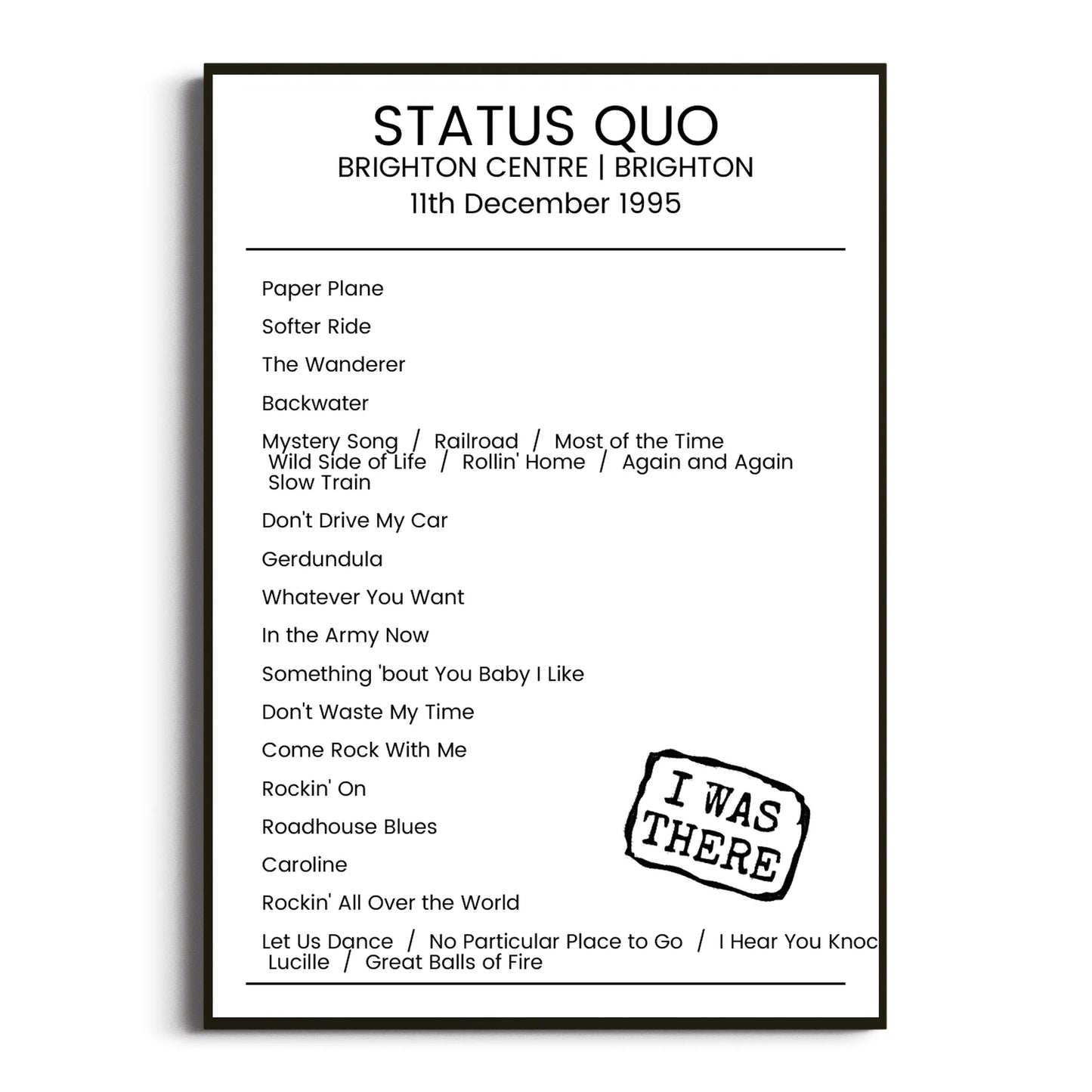 Status Quo Brighton 11 December 1995 Setlist Poster