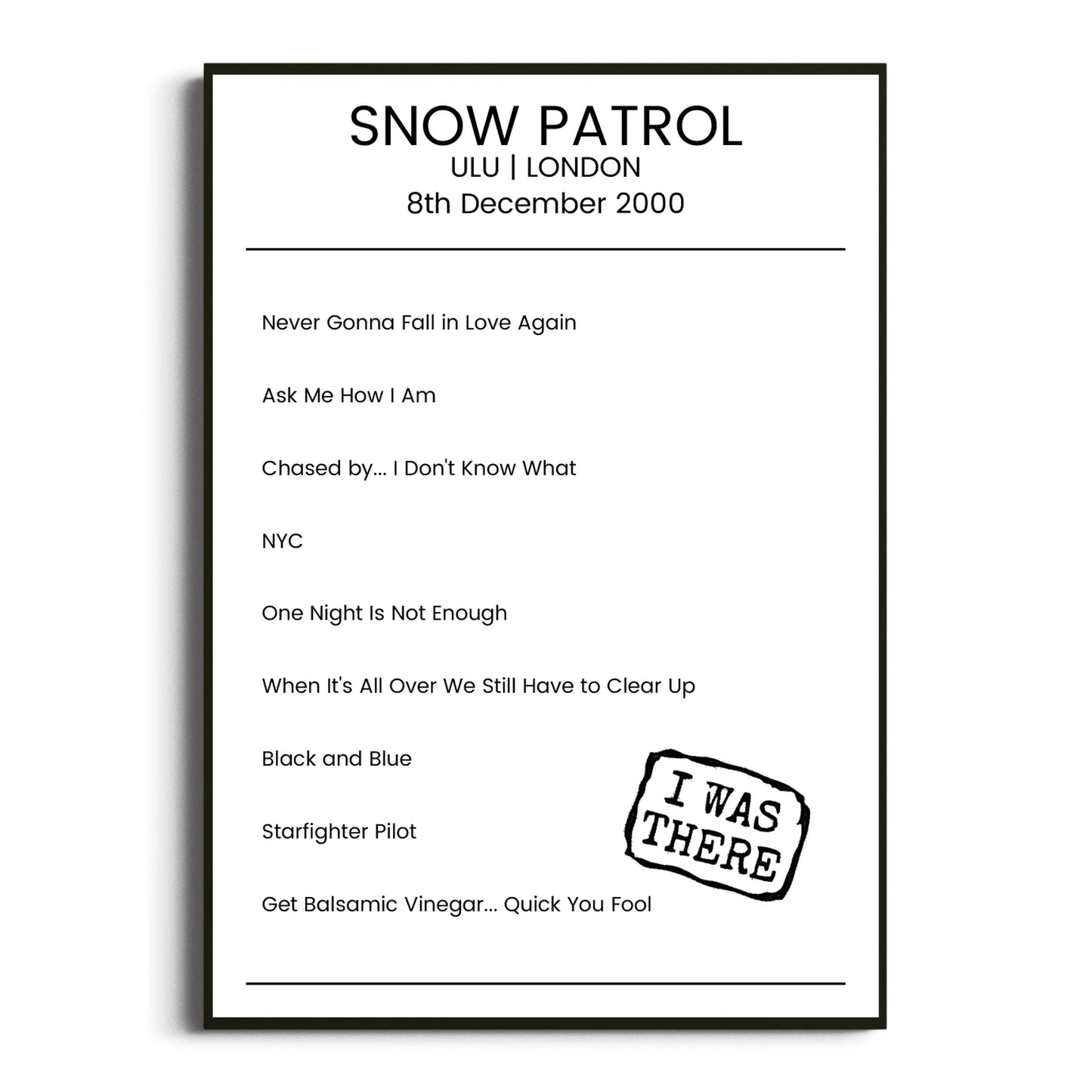 Snow Patrol London 08 December 2000 Setlist Poster