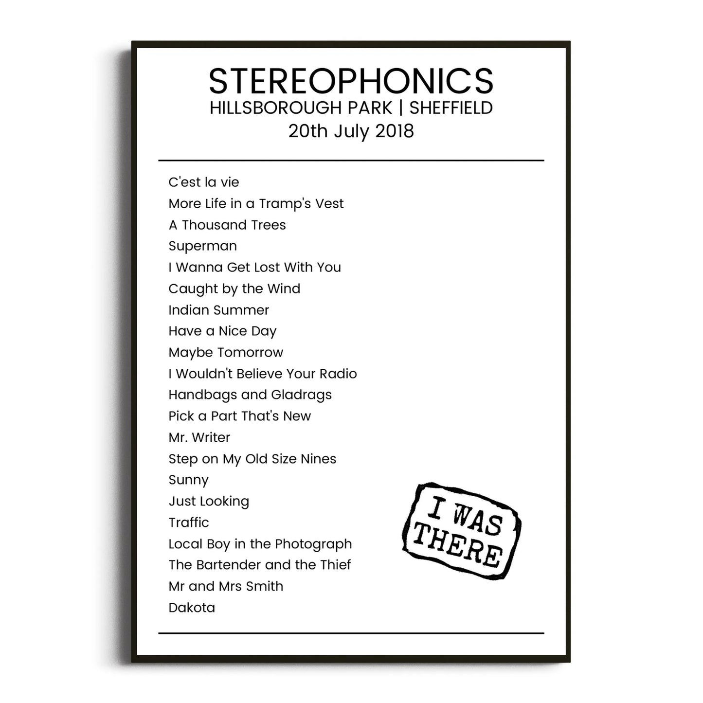 Stereophonics Sheffield 20 July 2018 Setlist Poster