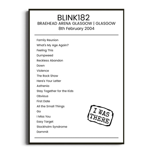 blink‐182 Glasgow 08 February 2004 Setlist Poster