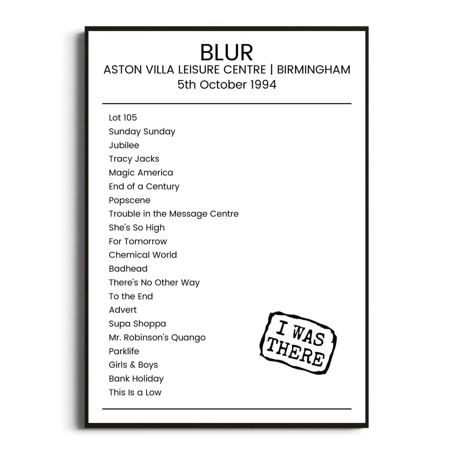 Blur Birmingham 05 October 1994 Setlist Poster