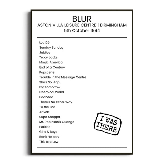 Blur Birmingham 05 October 1994 Setlist Poster