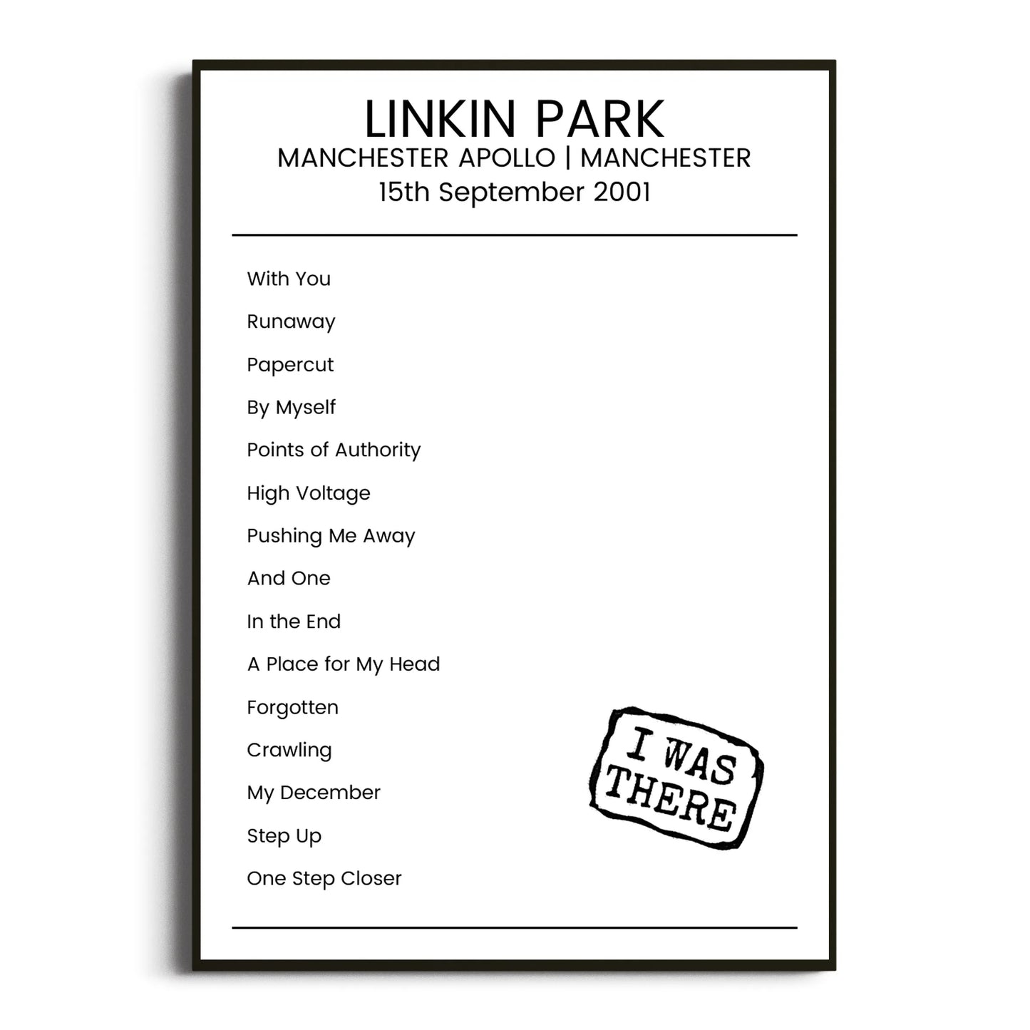 Linkin Park Manchester 15 September 2001 Setlist Poster