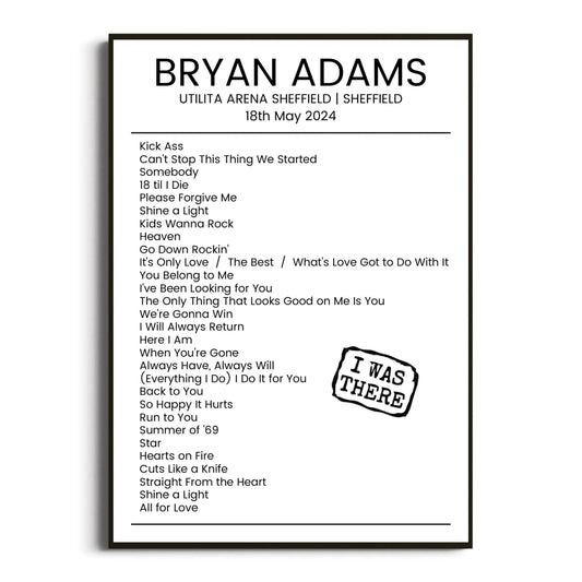 Bryan Adams Sheffield 18 May 2024 Setlist Poster