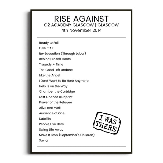 Rise Against Glasgow 04 November 2014 Setlist Poster