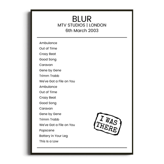 Blur London 06 March 2003 Setlist Poster