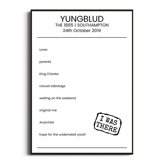 YUNGBLUD Southampton 24 October 2019 Setlist Poster