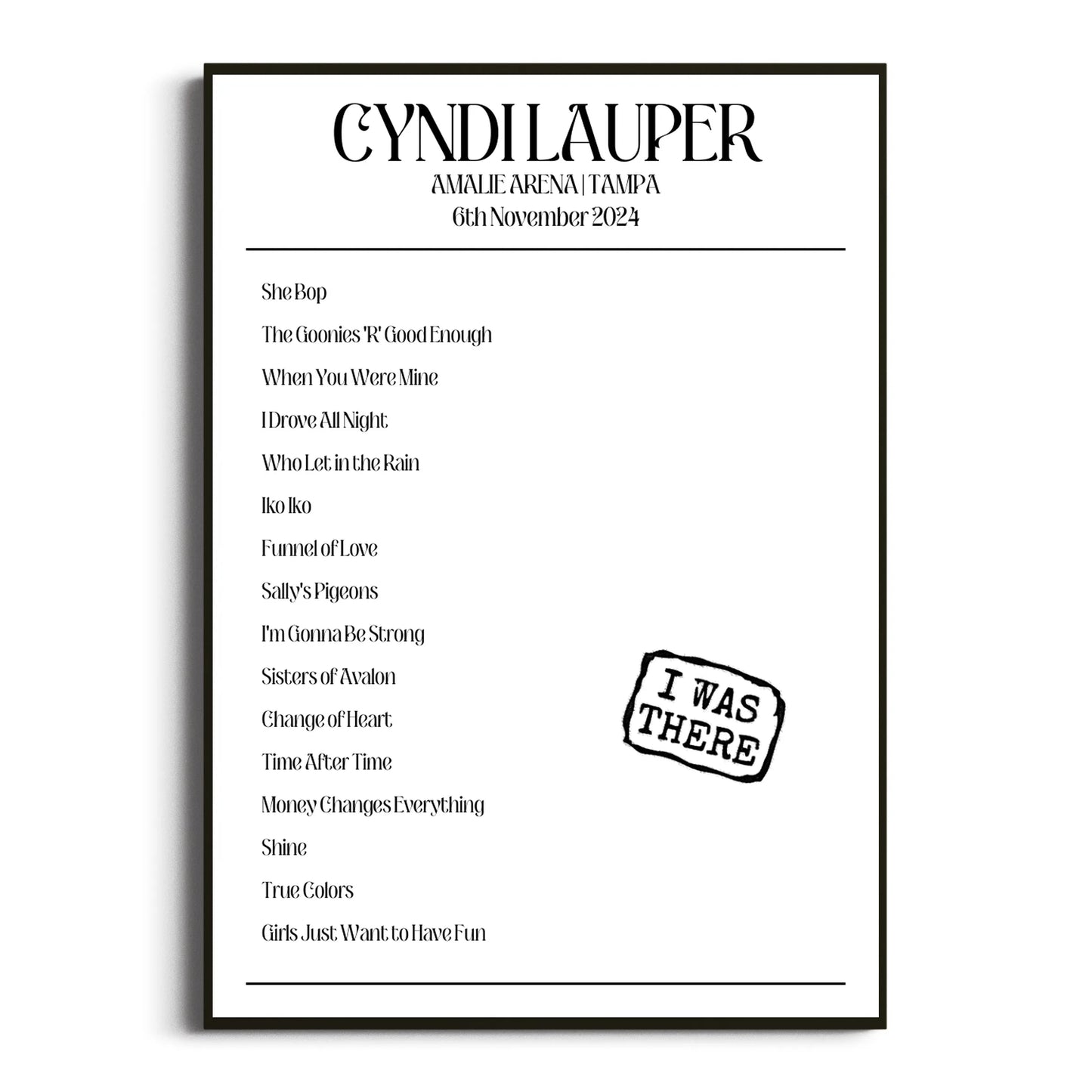 Cyndi Lauper Tampa 06 November 2024 Setlist Poster