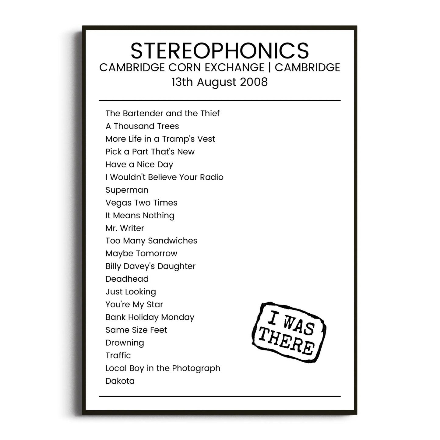 Stereophonics Cambridge 13 August 2008 Setlist Poster