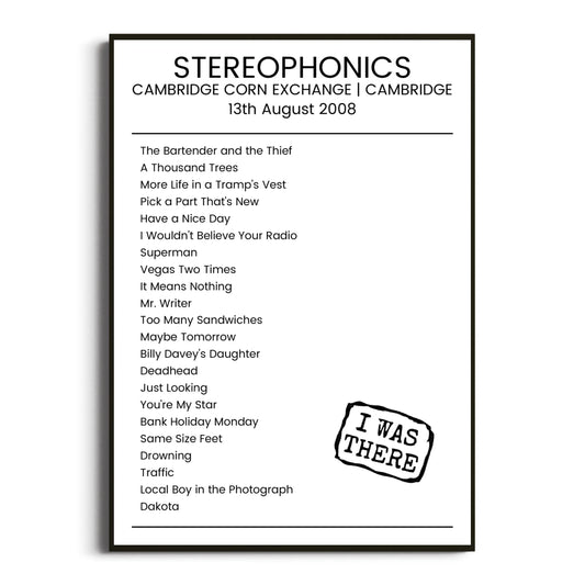 Stereophonics Cambridge 13 August 2008 Setlist Poster