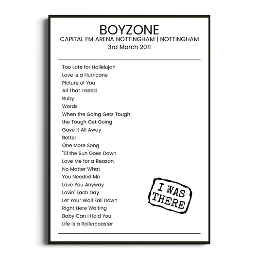 Boyzone Nottingham 03 March 2011 Setlist Poster