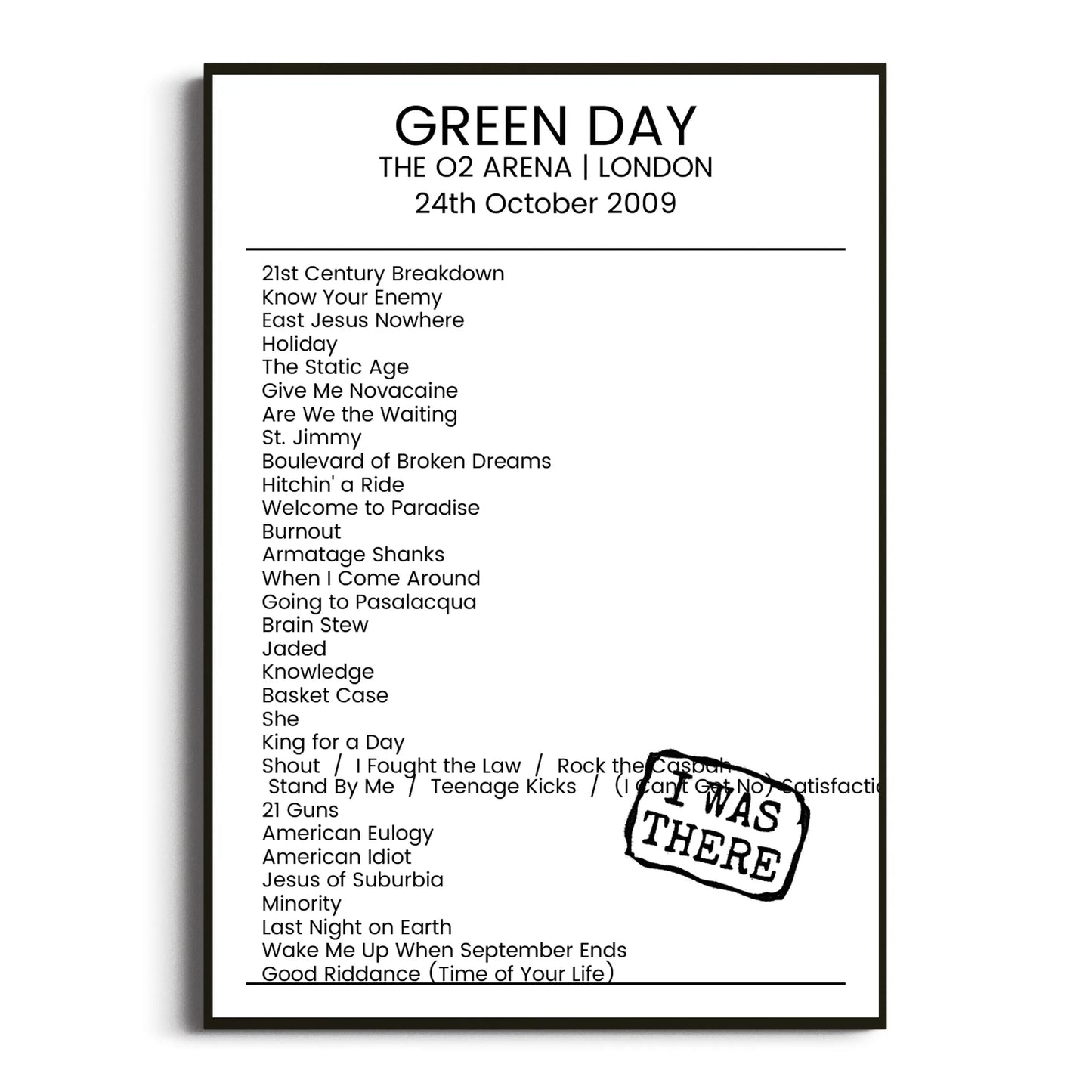 Green Day London 24 October 2009 Setlist Poster