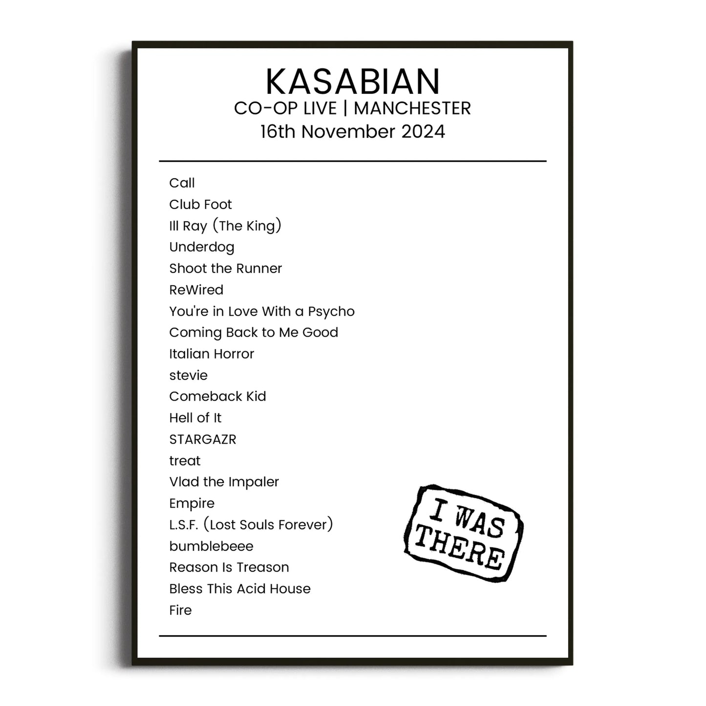 Kasabian Manchester 16 November 2024 Setlist Poster