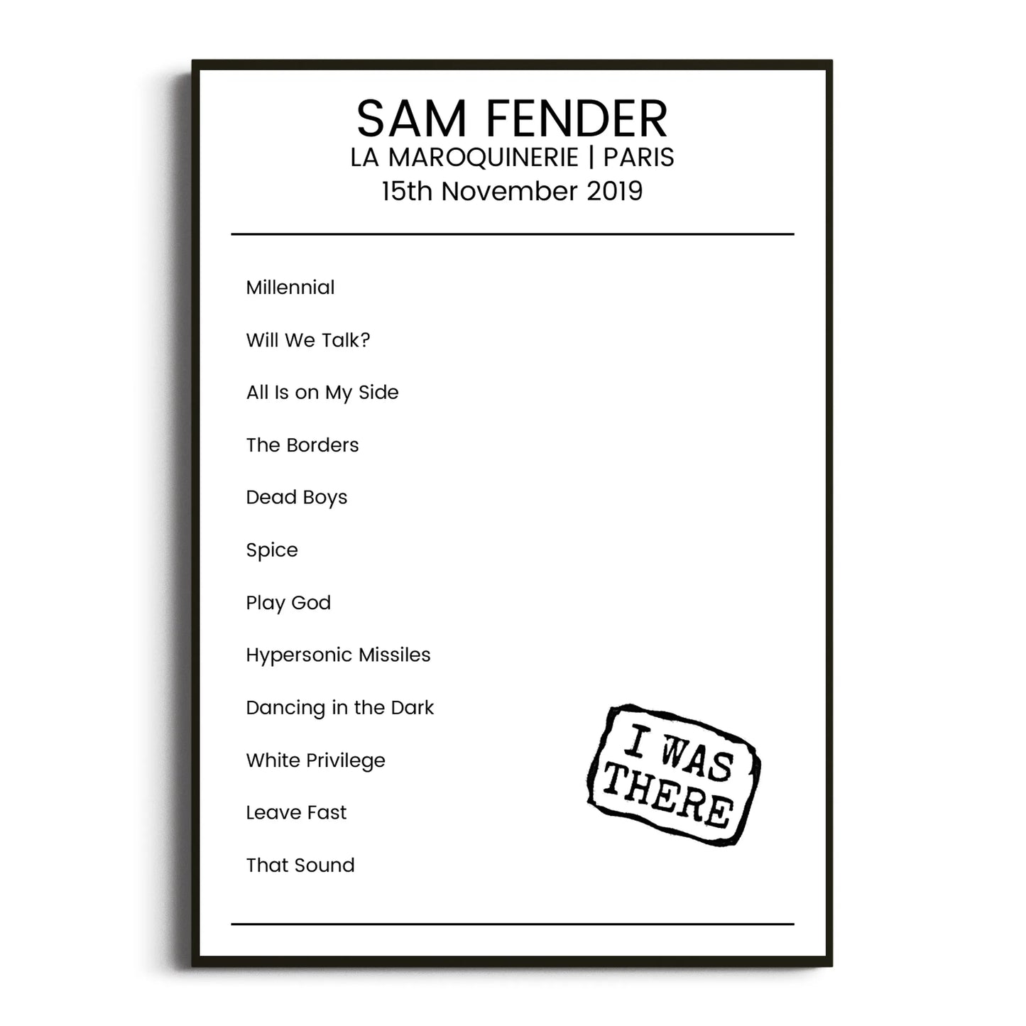 Sam Fender Paris 15 November 2019 Setlist Poster