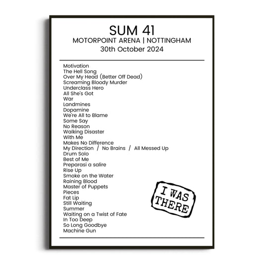 Sum 41 Nottingham 30 October 2024 Setlist Poster